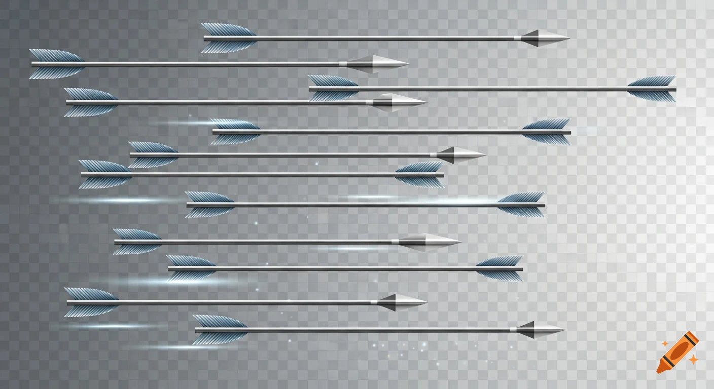 Multiple silver arrows with blue fletching fly horizontally across a transparent background, leaving faint light trails.