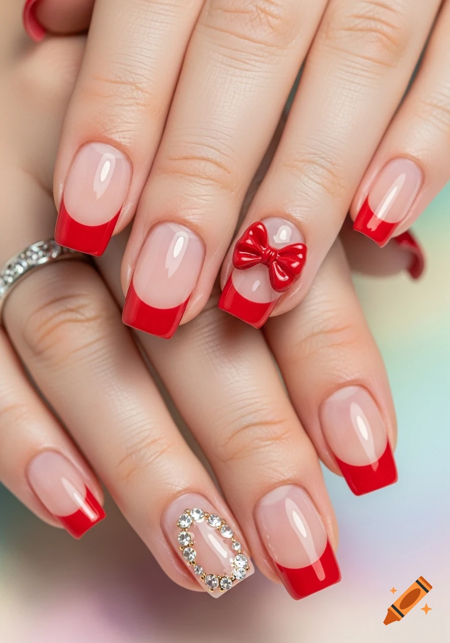 Close-up of hands with square-shaped red French tip nails, one nail featuring a red bow and another with rhinestone embellishments.