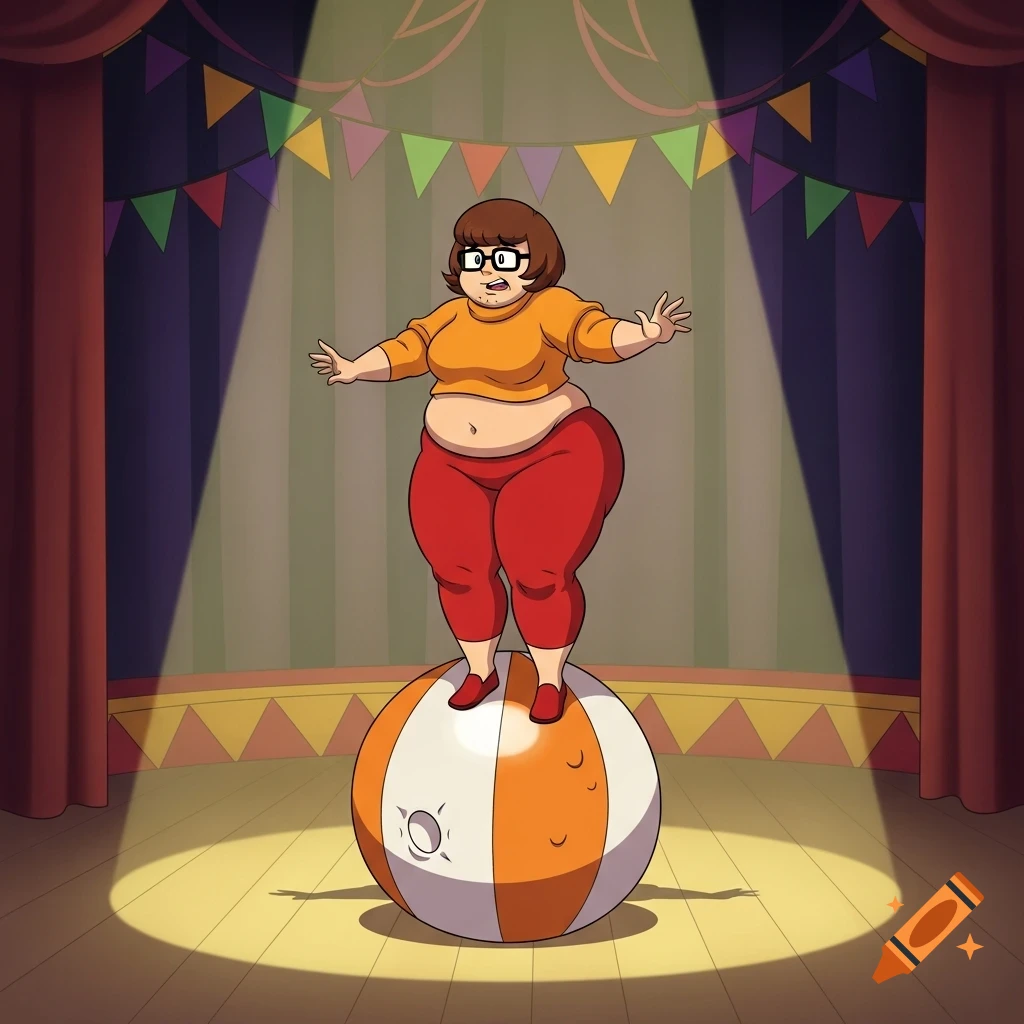 Plus-size Velma from Scooby-Doo balances on an orange and white beach ball on a circus stage under a spotlight in a 2D cartoon style.
