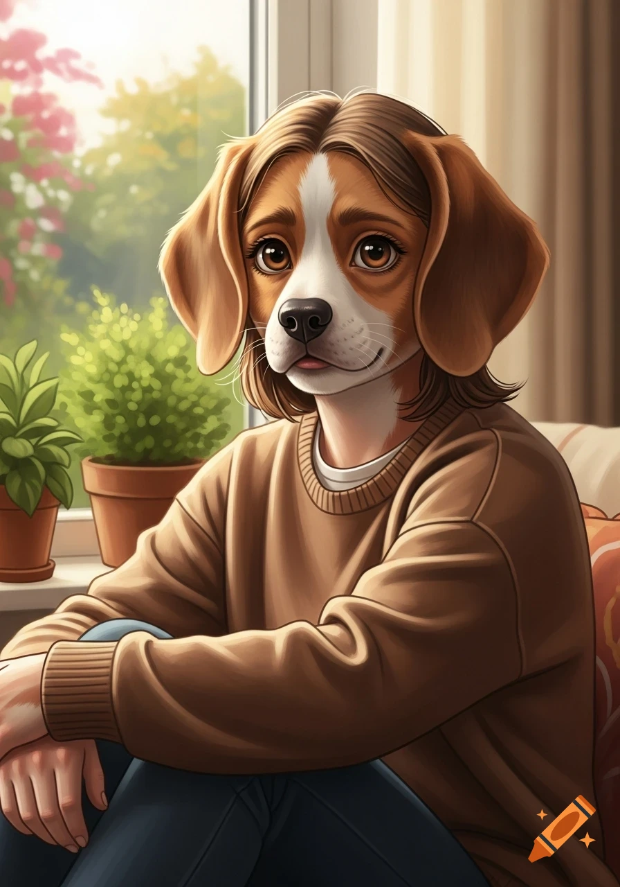 A realistic illustration of a person with a beagle dog's head and ears, sitting by a window with potted plants and a garden outside.