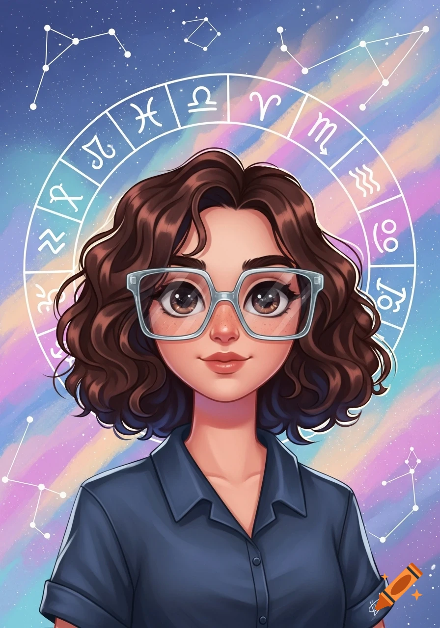 Cartoon portrait of a young woman with curly brown hair, glasses, and a blue shirt, surrounded by a ring of zodiac signs against a starry, colorful sky.