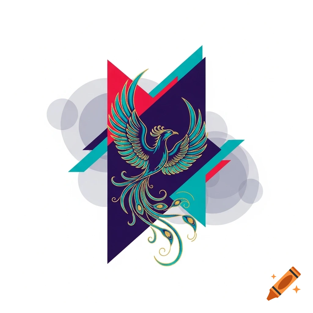 Stylized blue and gold phoenix with outstretched wings and a long ornate tail, against geometric purple, red, and teal shapes.