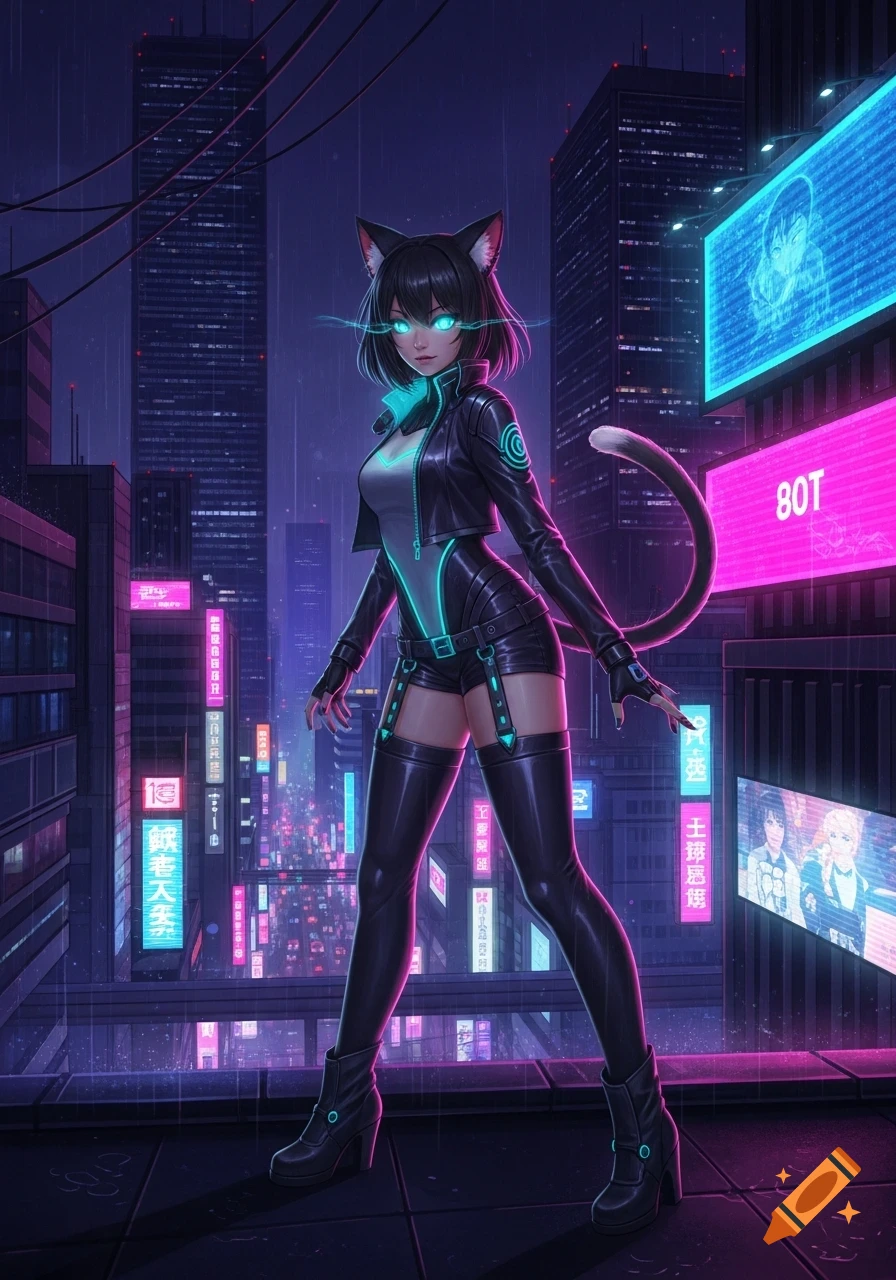 An anime catgirl with glowing eyes and a black, neon-accented outfit stands on a rooftop overlooking a vibrant, rainy cyberpunk city at night.