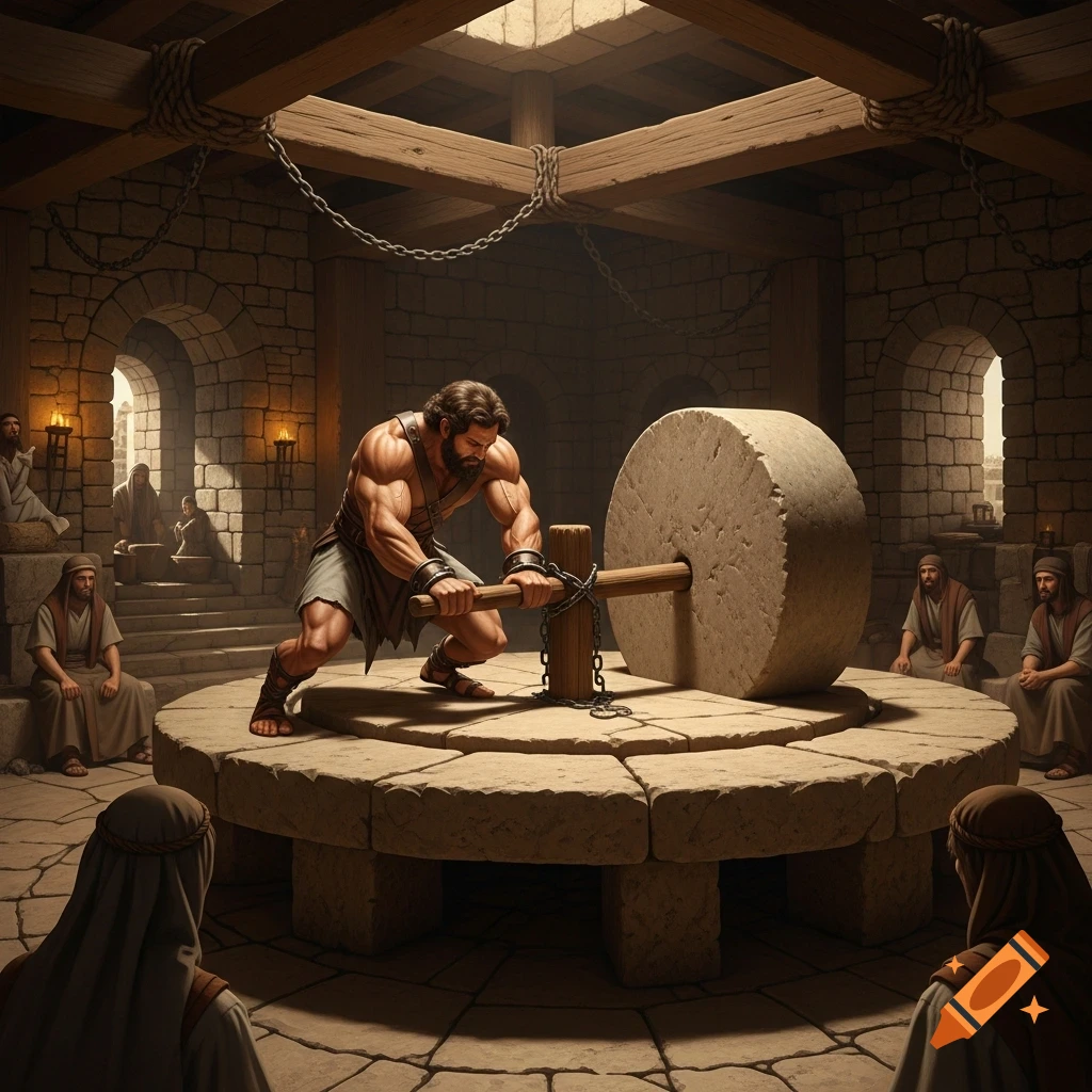 Muscular Samson, chained, pushes a large stone mill in a rustic ancient room, observed by robed figures.