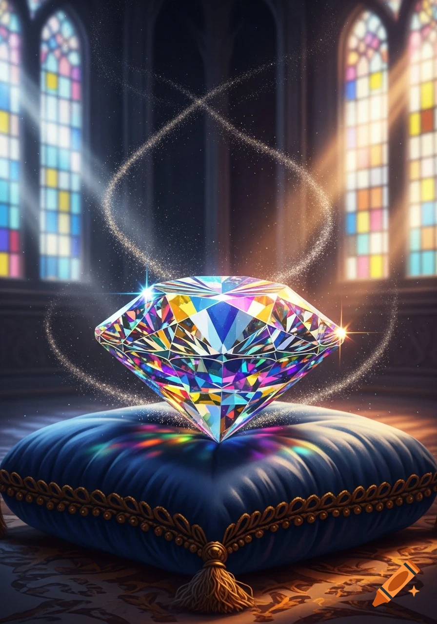 A large, colorful faceted diamond rests on a blue velvet cushion in a sunlit room with stained glass windows and magical sparkles.