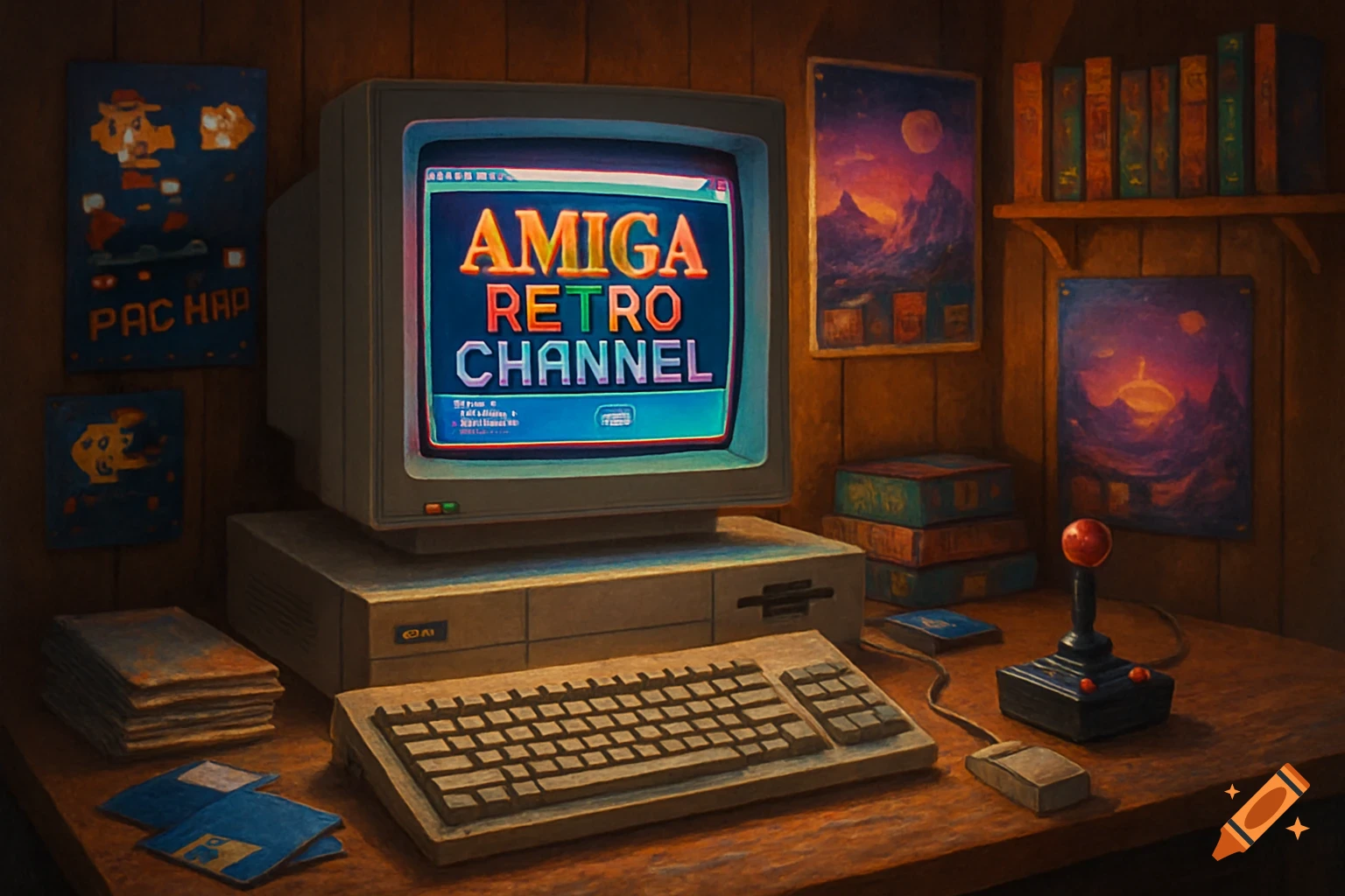A vintage computer setup with an Amiga monitor displaying 'AMIGA RETRO CHANNEL', a keyboard, mouse, joystick, and floppy disks on a wooden desk, with retro posters on the wall.