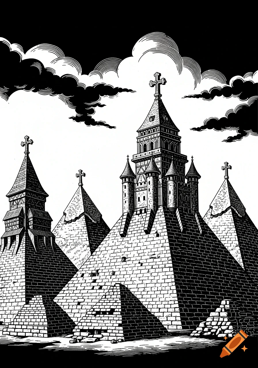 Black and white woodcut style illustration of pyramid-like structures with medieval castle towers and crosses under a cloudy sky.