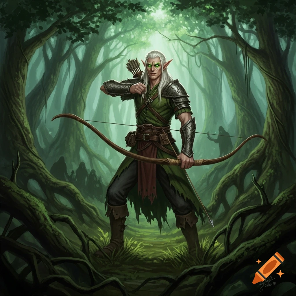 A male elf archer with white hair and green eyes stands ready with his bow in a lush, green fantasy forest.