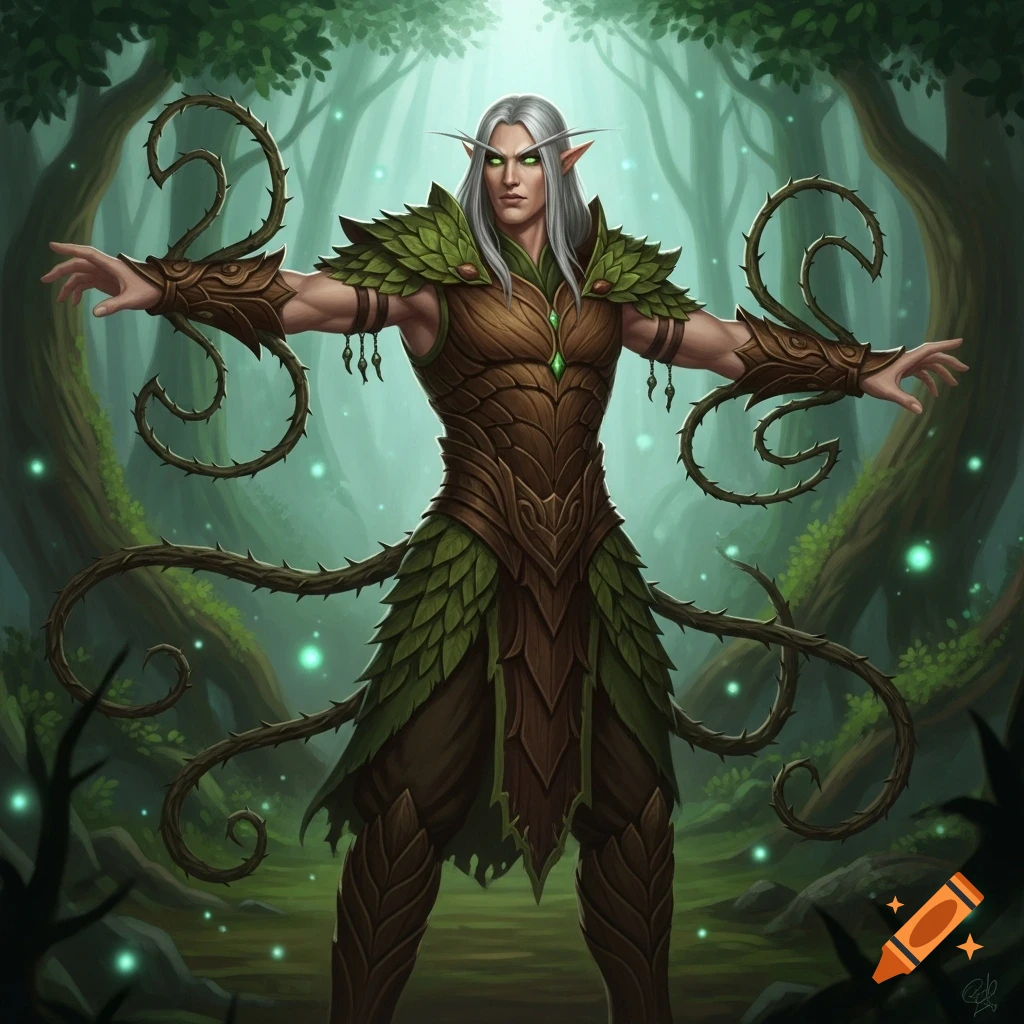 A silver-haired wood elf druid with green glowing eyes, wearing leaf and bark armor, stands in a mystical forest with thorny vine whips extending from his arms.