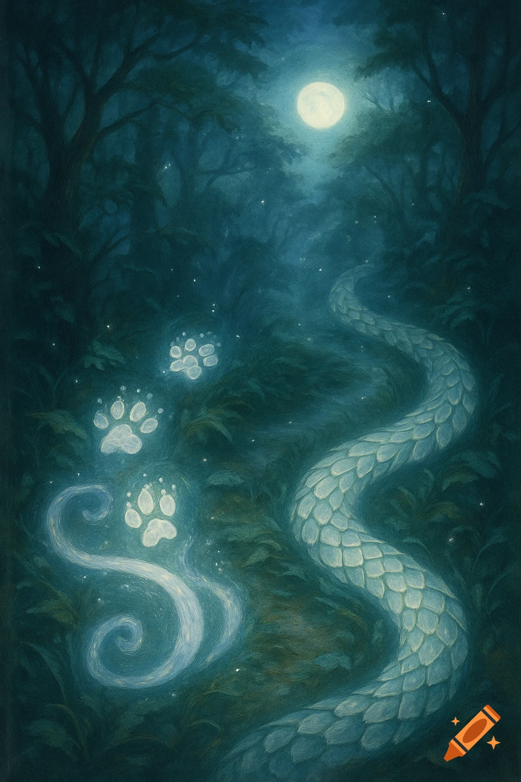 Painted fantasy scene of a dark forest under a full moon with glowing paw prints and a winding serpent's body.
