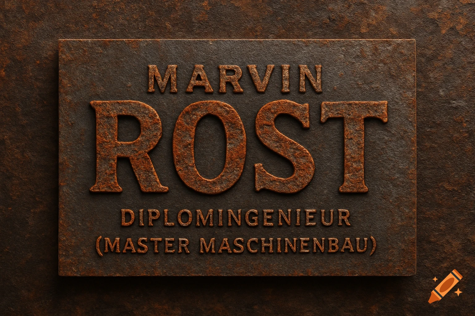 A rusty metal plaque with embossed text 'MARVIN ROST' and 'DIPLOMINGENIEUR (MASTER MASCHINENBAU)'.