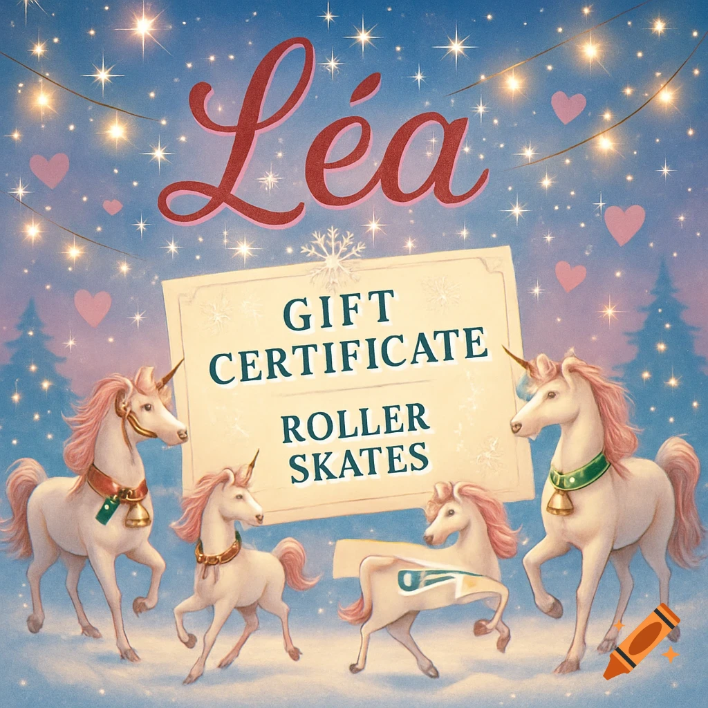 A magical Christmas scene with a gift certificate for roller skates for Léa, surrounded by four unicorns under a starry sky with hearts.