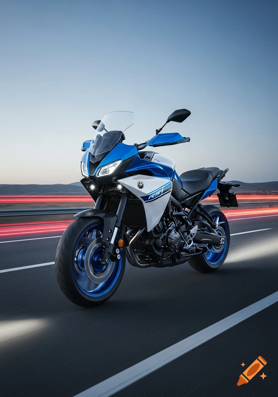 A blue and white Yamaha motorcycle with headlights on, speeding down a road with red light trails in the background, under a clear sky.