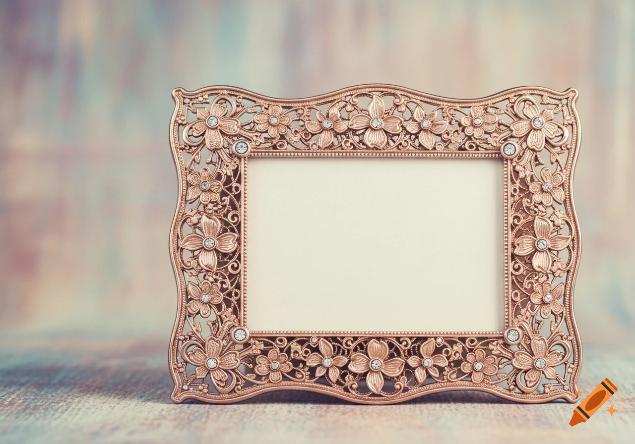 A decorative, rose gold antique photo frame with floral filigree and small jewels, on a blurred background.