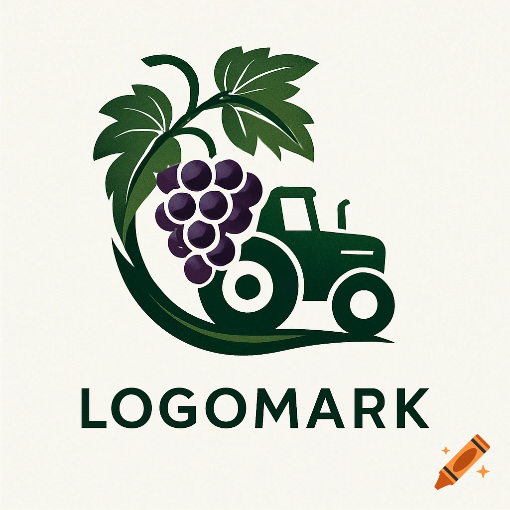A stylized logomark in green and purple featuring a tractor, a bunch of grapes, and leaves, with the word 'LOGOMARK' below.