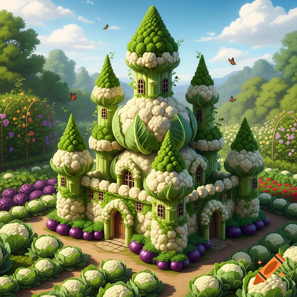 A whimsical castle made of cauliflower and broccoli florets, surrounded by a lush vegetable garden under a blue sky with butterflies.