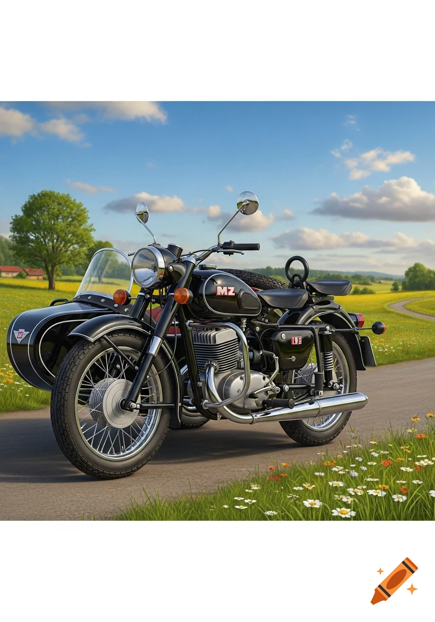 A black vintage MZ motorcycle with a sidecar on a country road with fields and wildflowers under a blue sky.