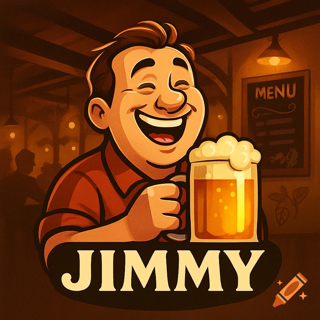 A smiling cartoon man in a pub holding a mug of beer, with 'JIMMY' written below.