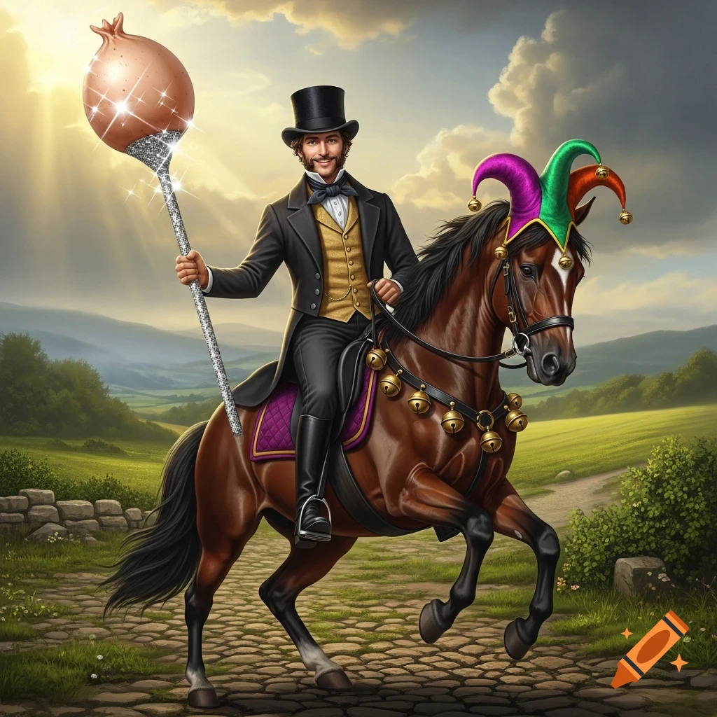 A grinning Victorian man in a top hat rides a horse wearing a jester's hat on a cobblestone path, holding a sparkling onion-like scepter.