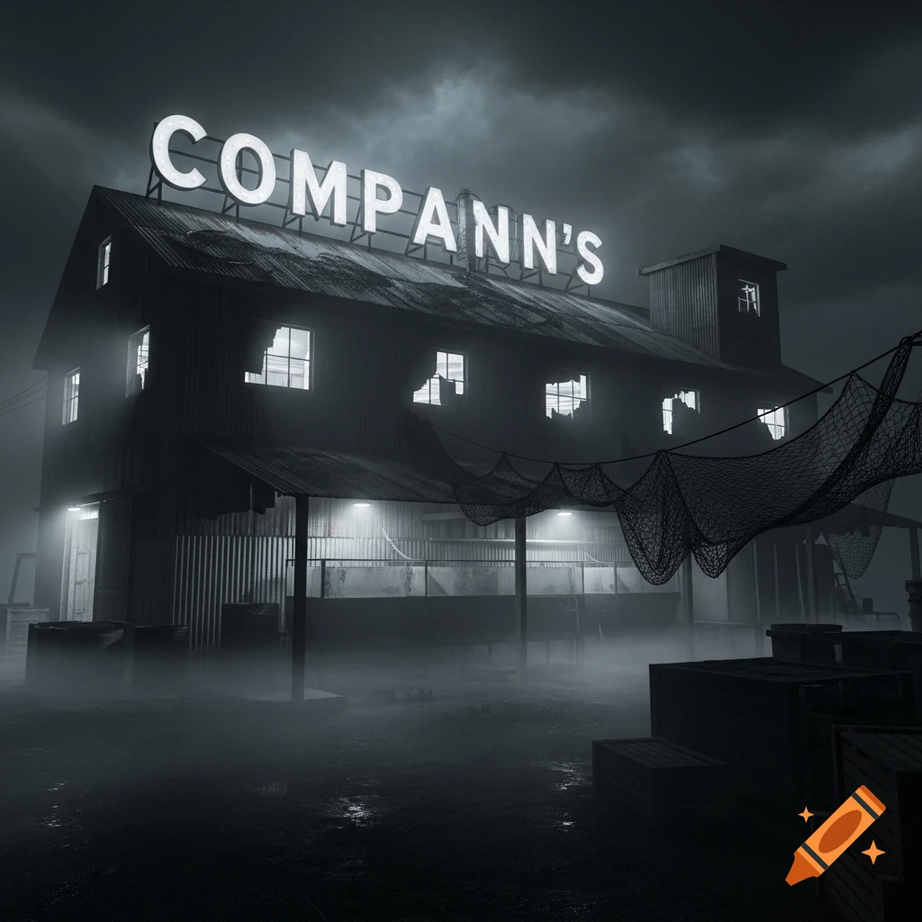 Monochrome image of a creepy, fog-shrouded, dilapidated building with a COMPANN'S sign and fishing nets draped across it.