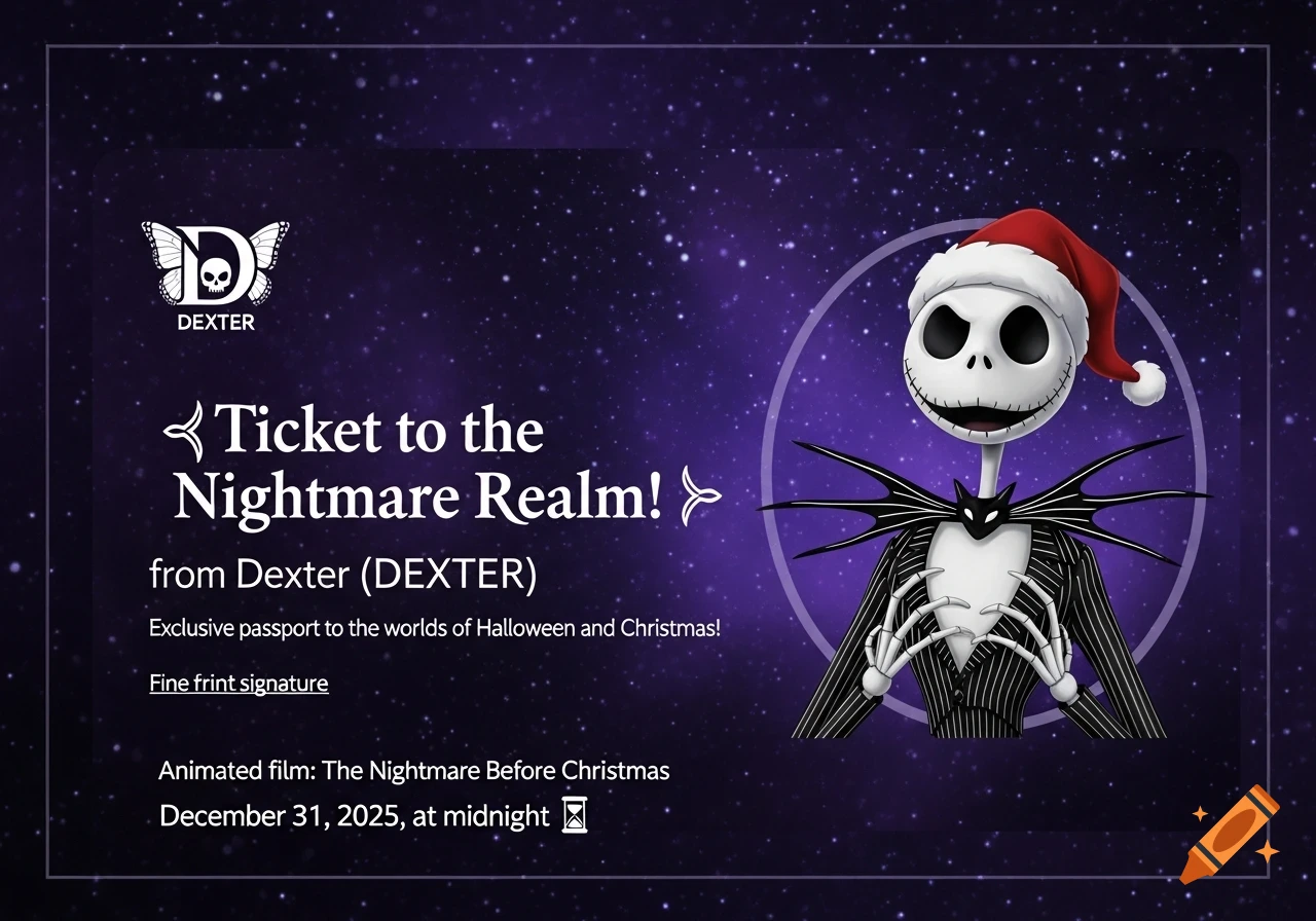 A dark purple starry ticket featuring Jack Skellington in a Santa hat. Text reads "Ticket to the Nightmare Realm!" and "Animated film: The Nightmare Before Christmas."
