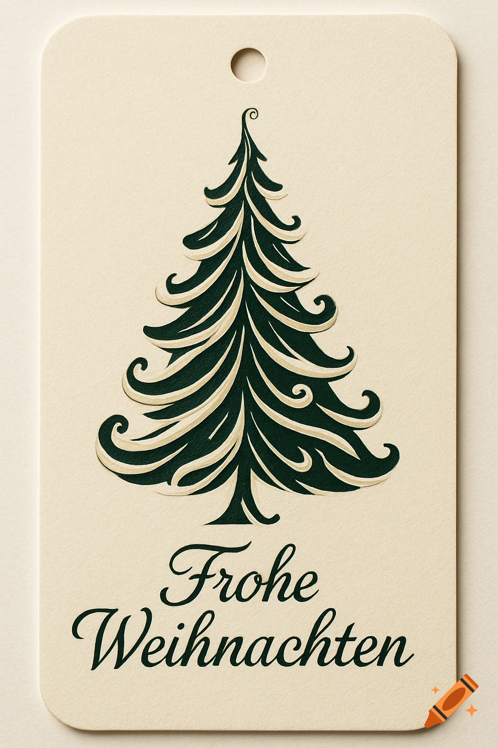 A cream-colored gift tag with rounded corners and a hole for string. It features a stylized dark green Christmas tree design and the German text "Frohe Weihnachten" in script below it.