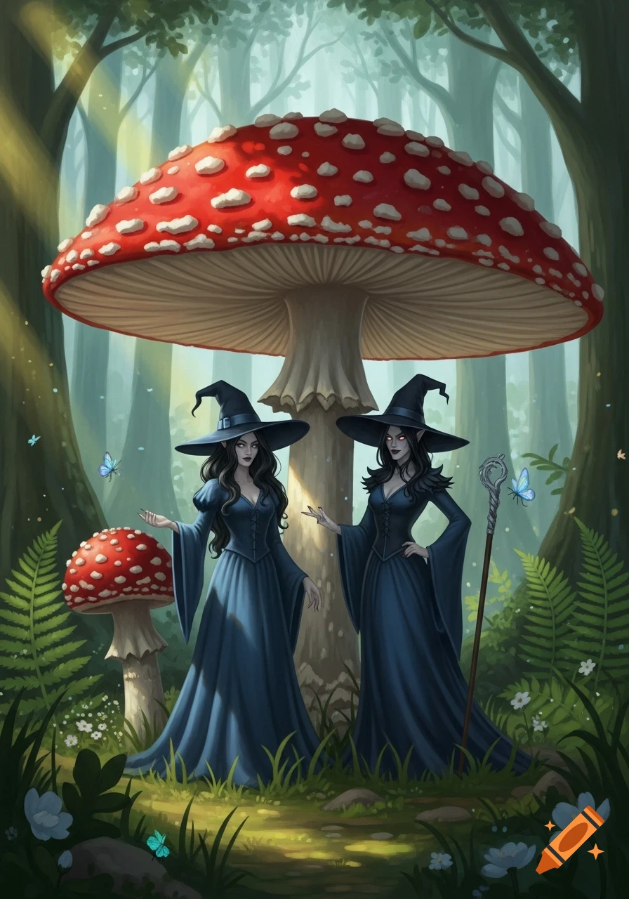 Two witches in black hats and blue dresses stand under a giant red mushroom in a magical forest.