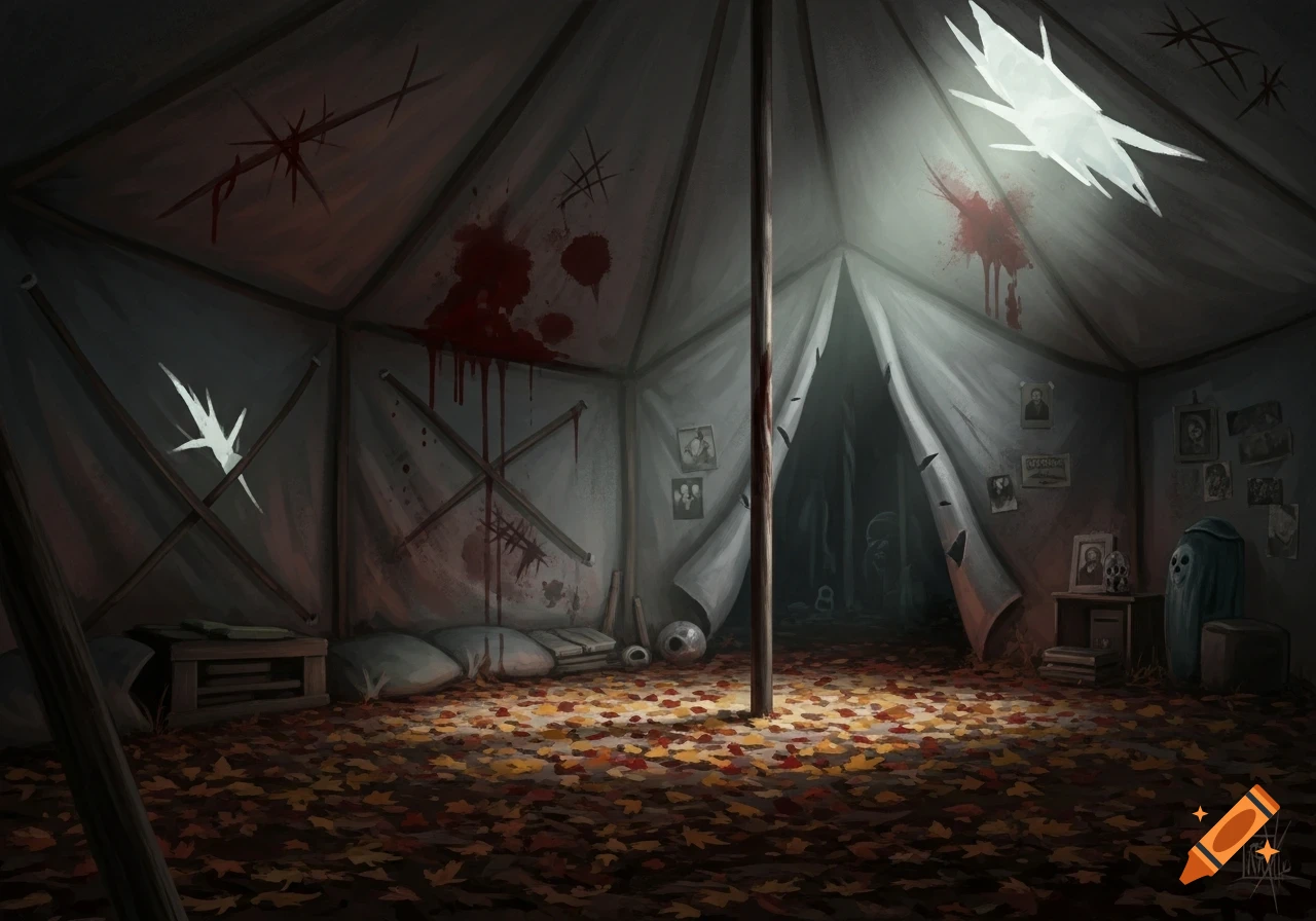 A creepy, blood-stained tent interior with fallen leaves on the ground, glowing rips, and old photos tacked to the walls.