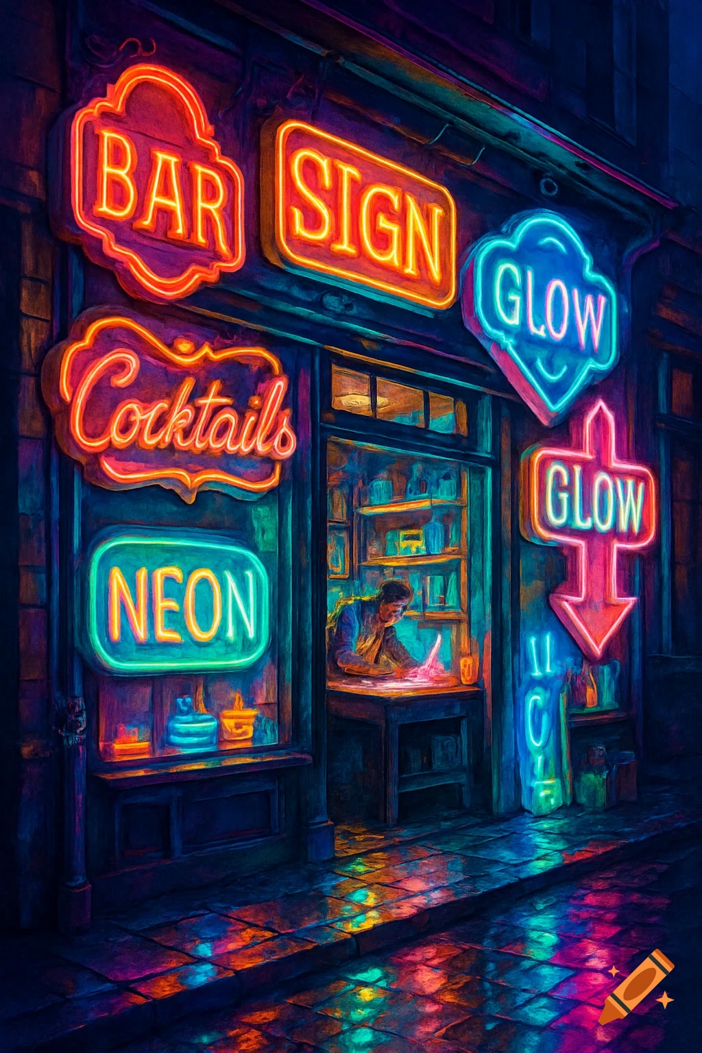 Vibrant artistic rendering of a street at night, with a shop illuminated by colorful neon signs for "BAR", "Cocktails", and "GLOW". Reflections on wet pavement.