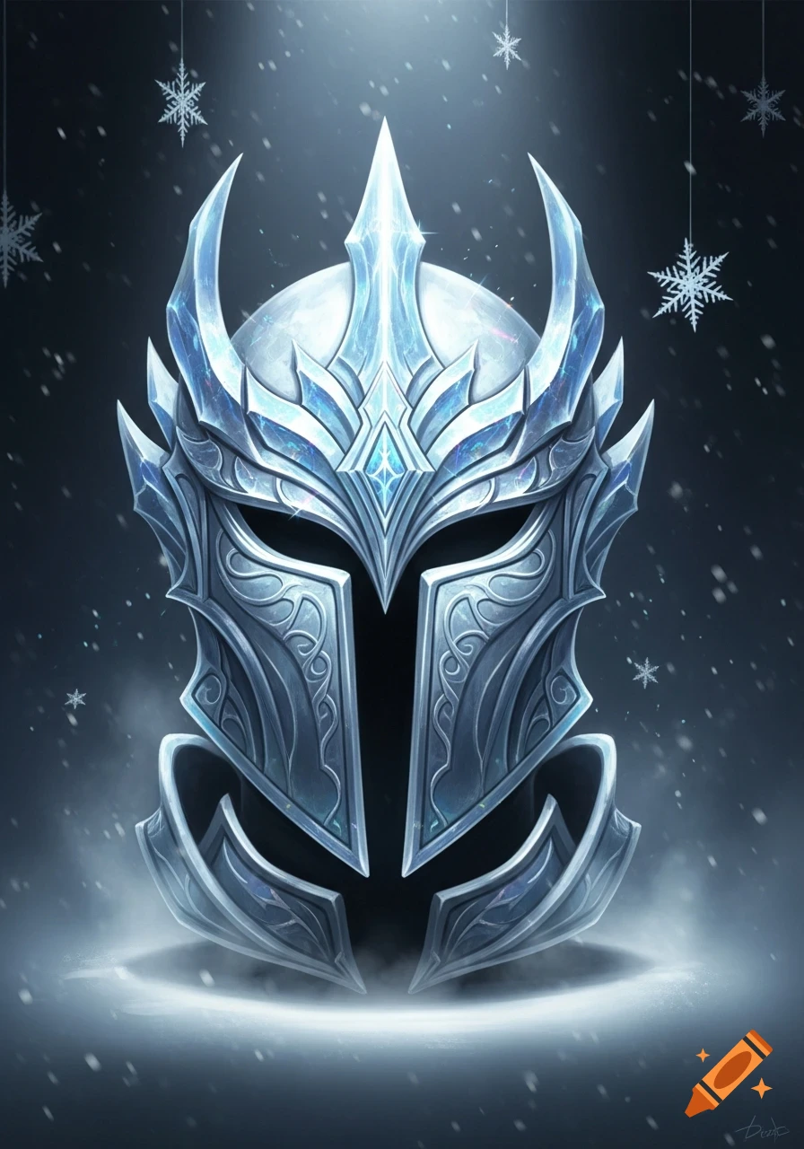 An ornate ice knight helmet with sharp blue and silver designs, glowing at the base, with snowflakes falling against a dark background.