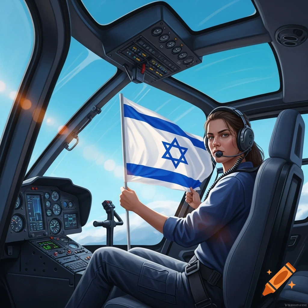 Photorealistic image of a woman in a pilot headset inside a helicopter cockpit, holding an Israeli flag.