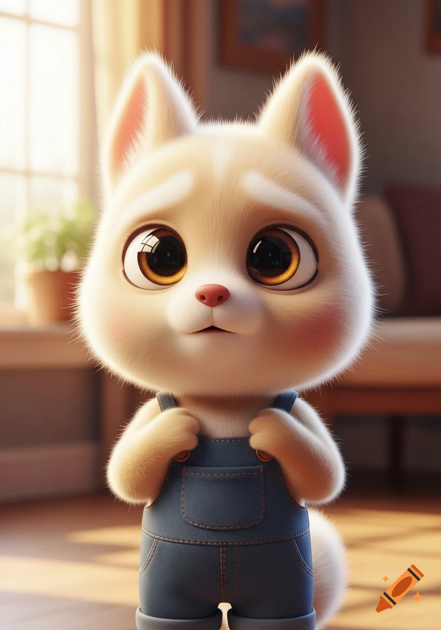 A cute fluffy white cartoon cat-like character with big expressive eyes, wearing blue overalls, in a warm indoor setting.