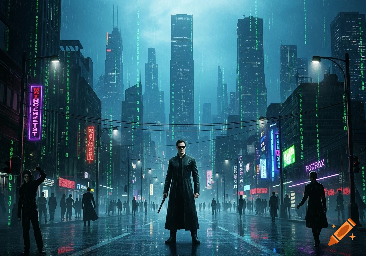 Neo-like man in a trench coat with a gun stands in a rainy, neon-lit cyberpunk city street with falling green code.
