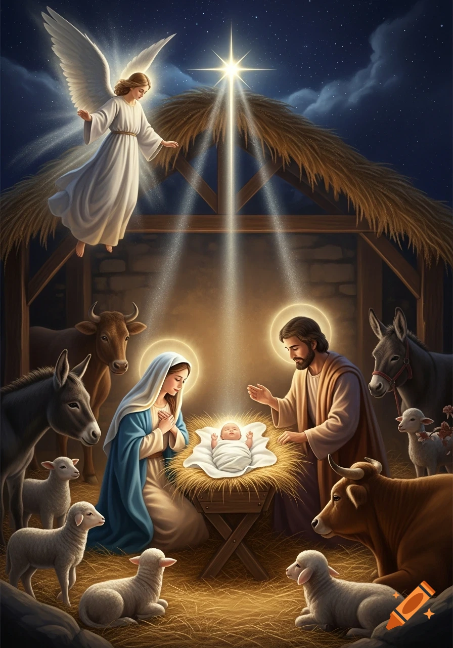 An illustrative Nativity scene with Mary, Joseph, and baby Jesus in a manger, surrounded by animals, with an angel and guiding star.
