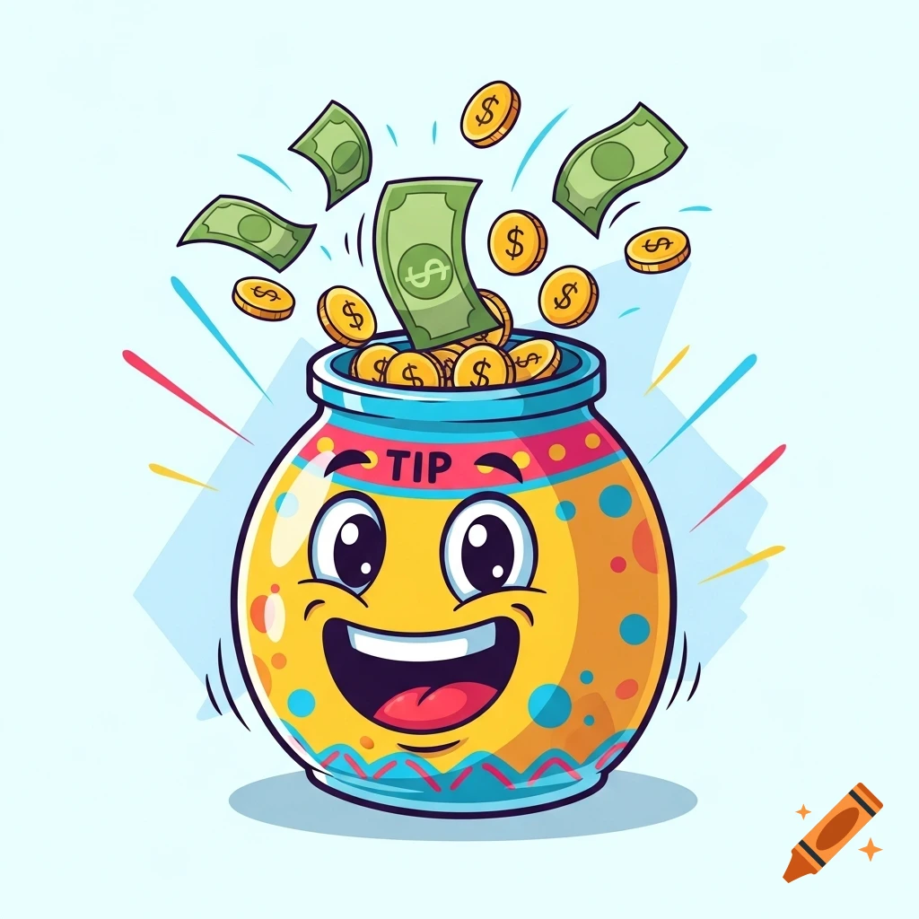 A cheerful, cartoon tip jar with a smiling emoji face, overflowing with dollar bills and gold coins.