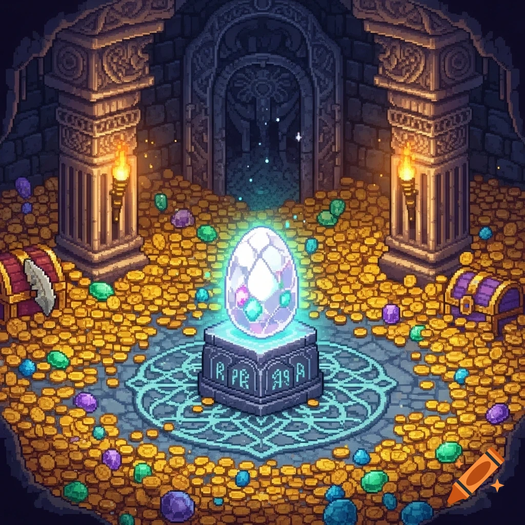 A pixel art depiction of a glowing, crystalline egg on a pedestal in a dark, ancient dungeon filled with gold coins, gems, and open treasure chests.