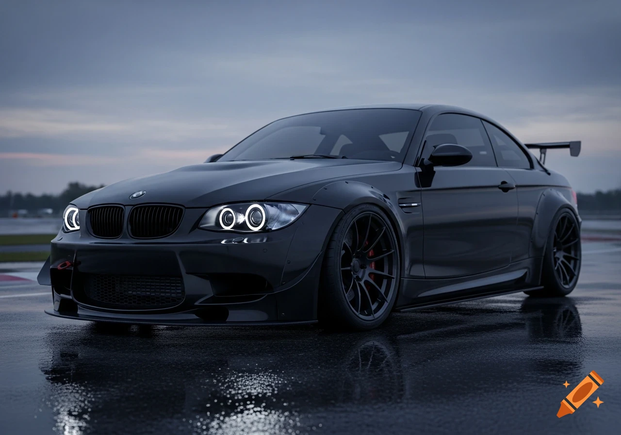 Photorealistic black BMW M Coupe with custom LED headlights on a wet racetrack at dusk.