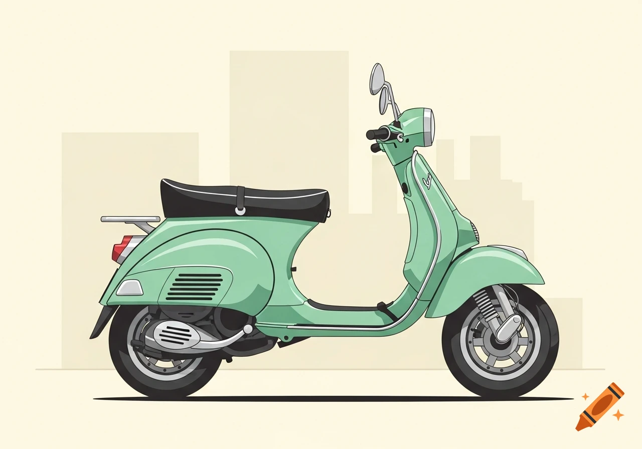 A stylized light green classic-style scooter with a black seat is parked against a cream background with faint building outlines in an illustration.