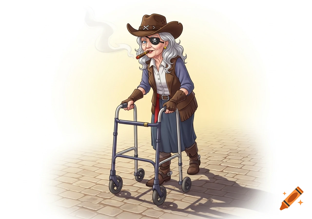 A cartoon elderly woman with a pirate eyepatch, cowboy hat, and a cigar, walking with a wheeled walker on cobblestones.