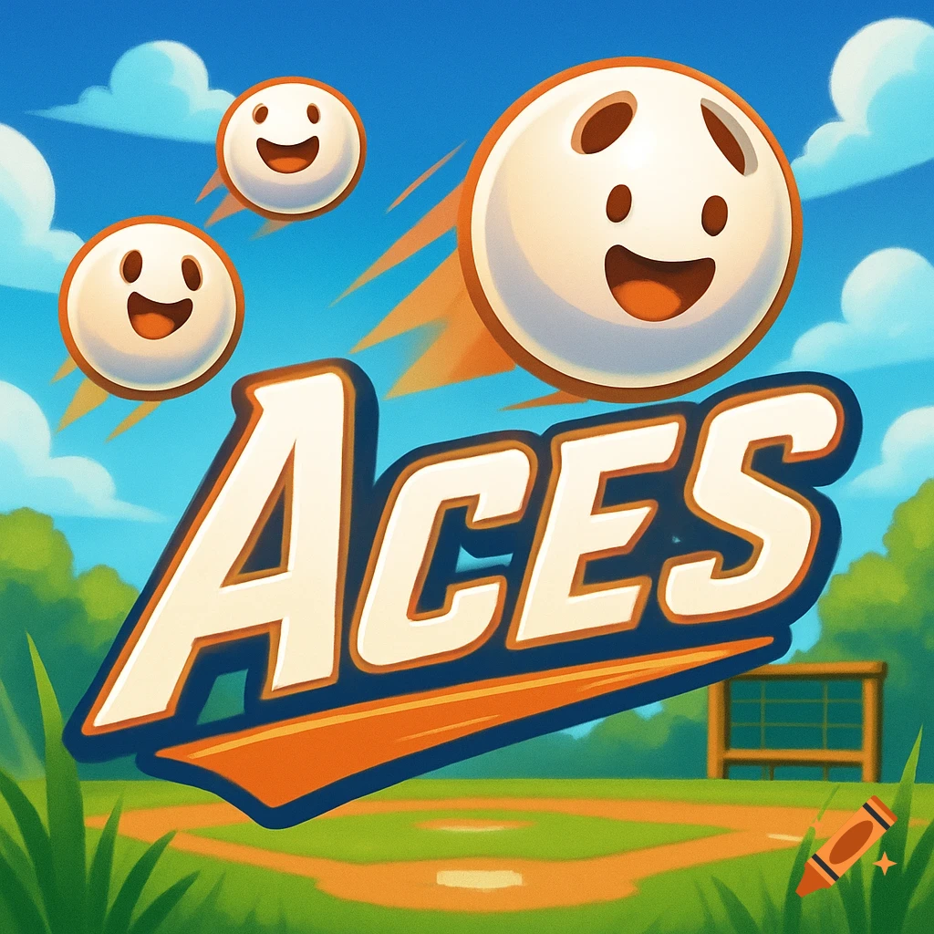 A cartoon game icon for 'Aces' featuring three smiling baseball-like characters flying over a baseball field.