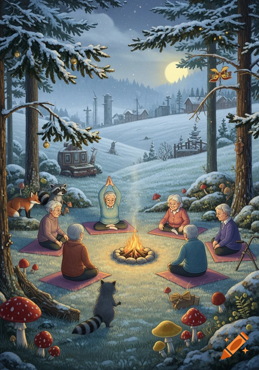 A whimsical illustration of elderly people doing yoga around a campfire in a snowy forest, with a fox and raccoons nearby, under a full moon.