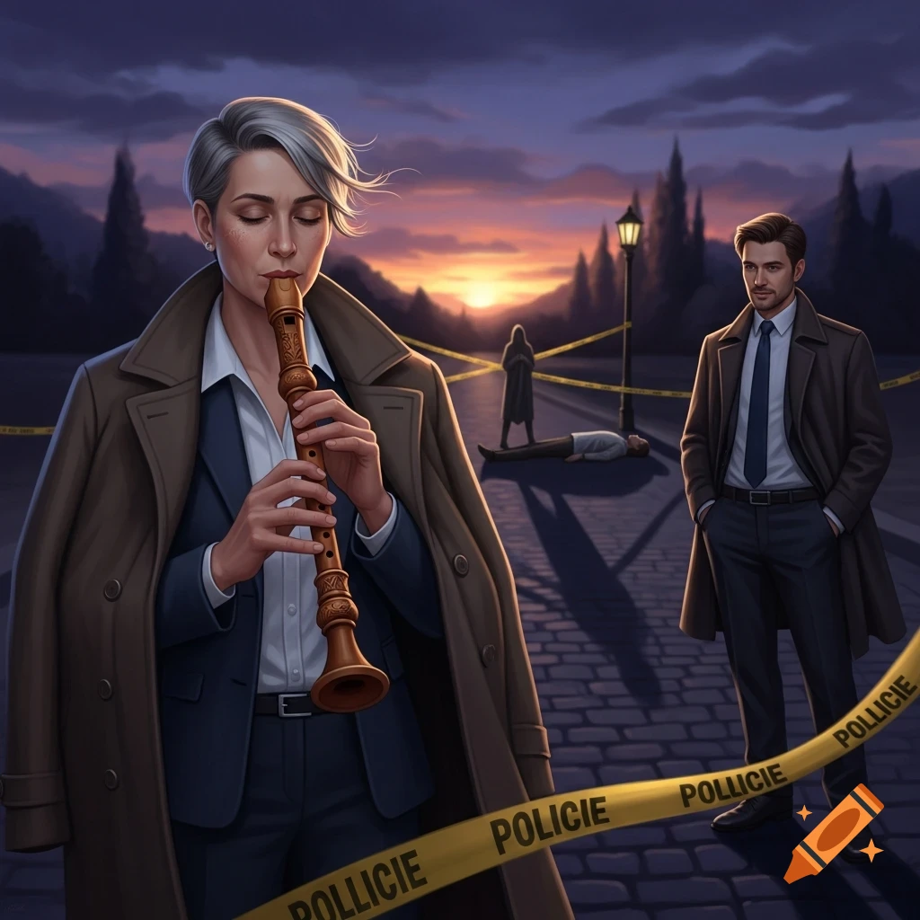 Stylized image of a woman playing a recorder at a crime scene with a body, police tape, and a male detective at sunset.