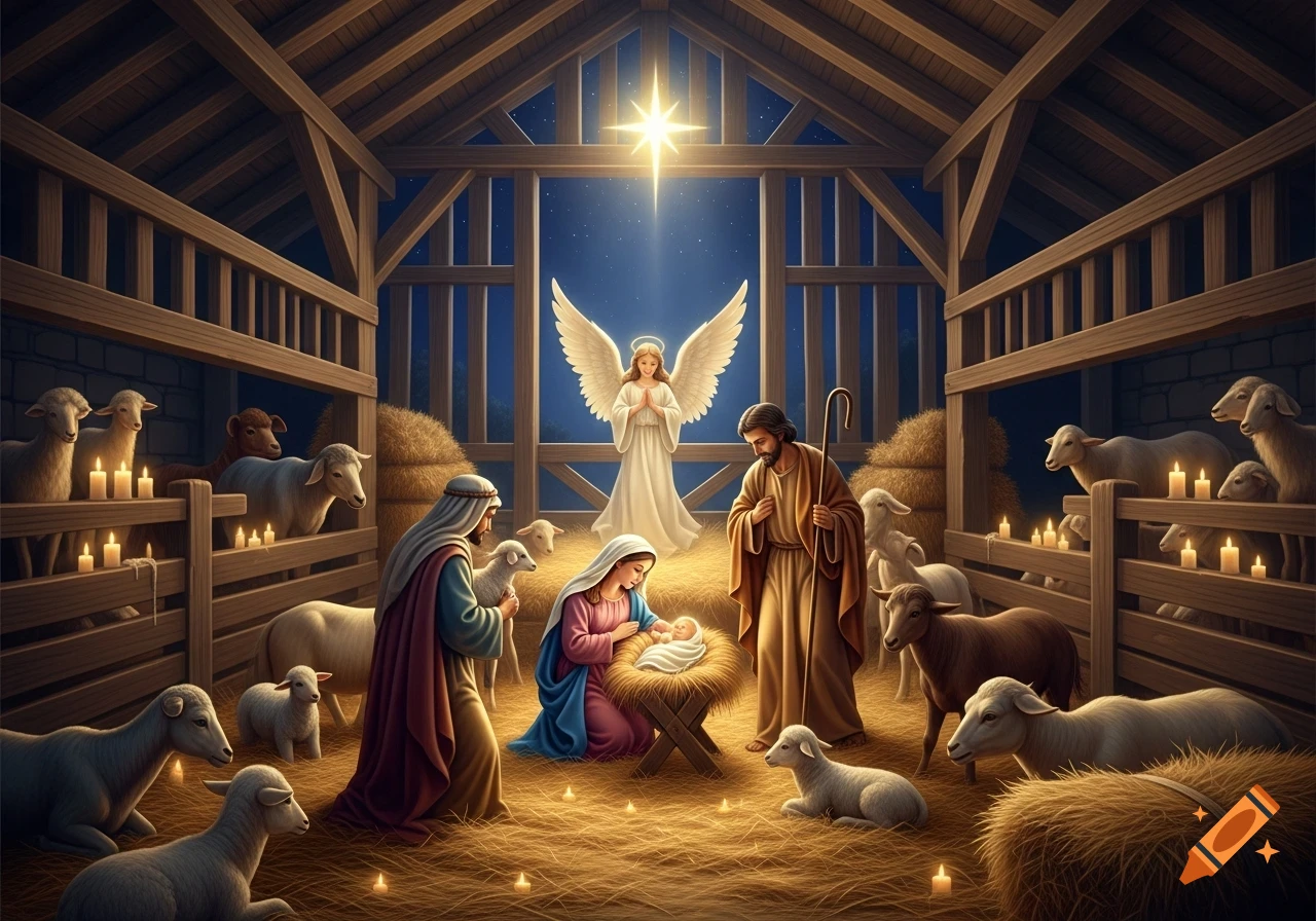 A traditional Nativity scene in a barn with Mary, Joseph, and Baby Jesus in a manger, surrounded by sheep, with an angel and a bright star above.