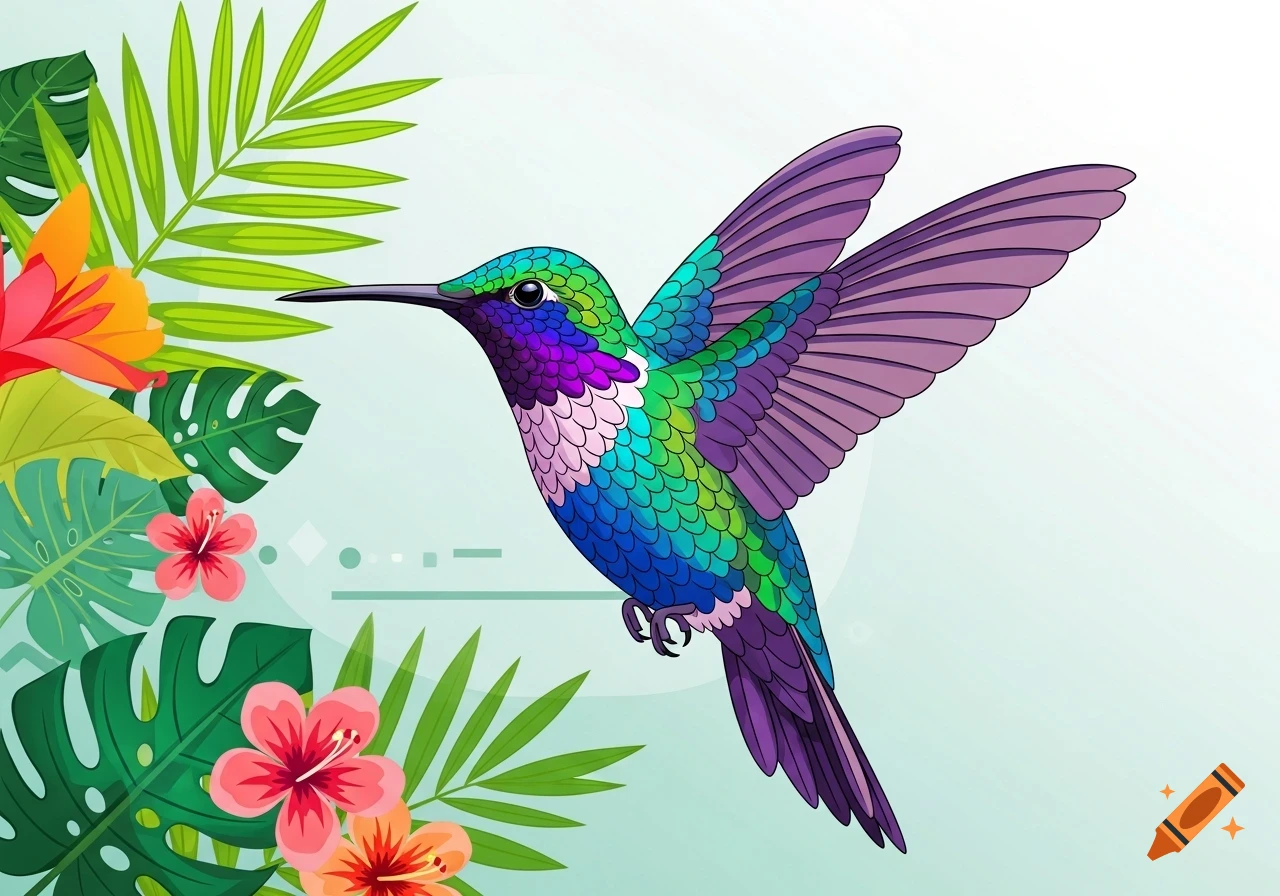 Colorful vector illustration of a hummingbird in flight, surrounded by vibrant tropical foliage and flowers.