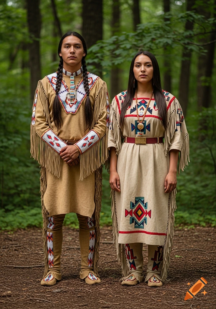 Two people in traditional Native American attire with intricate beadwork and fringe stand in a forest setting.