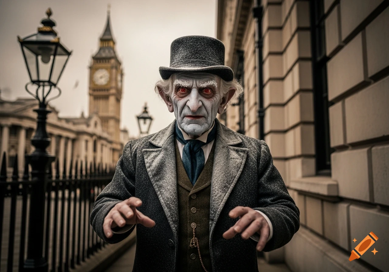 A ghoulish old man with pale skin, red eyes, and a top hat stands in a Victorian suit in front of a London building and Big Ben.