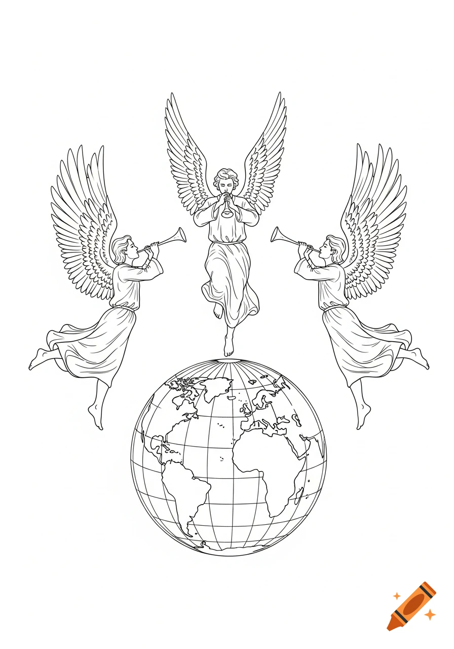 Line sketch of three male angels flying around a globe, playing musical horns.