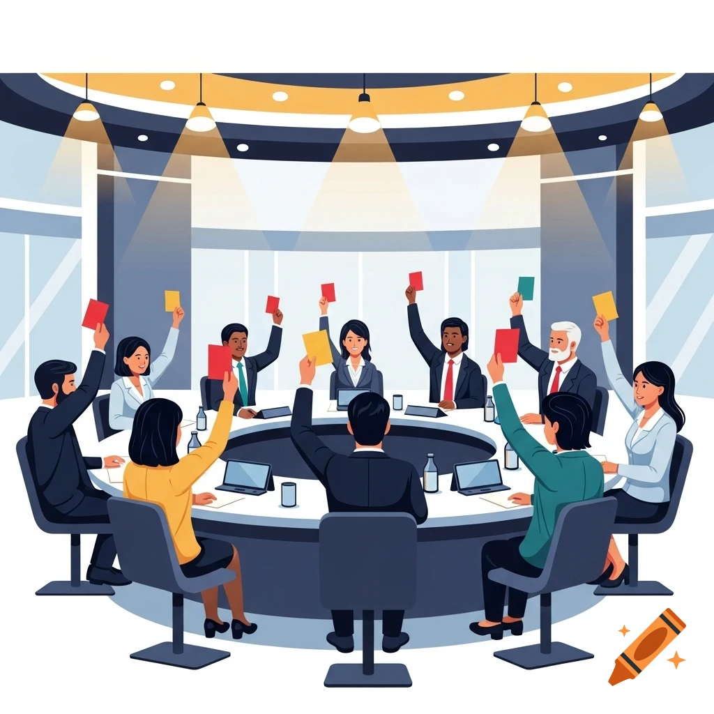 Diverse business people in a modern conference room raise red, yellow, and green cards as if voting.