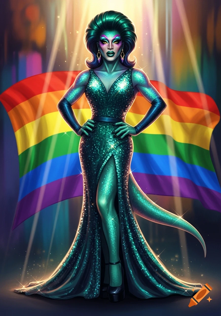 A vibrant illustration of a green lizard person in a shimmering green sequined drag gown, standing confidently in front of a rainbow flag under spotlights.
