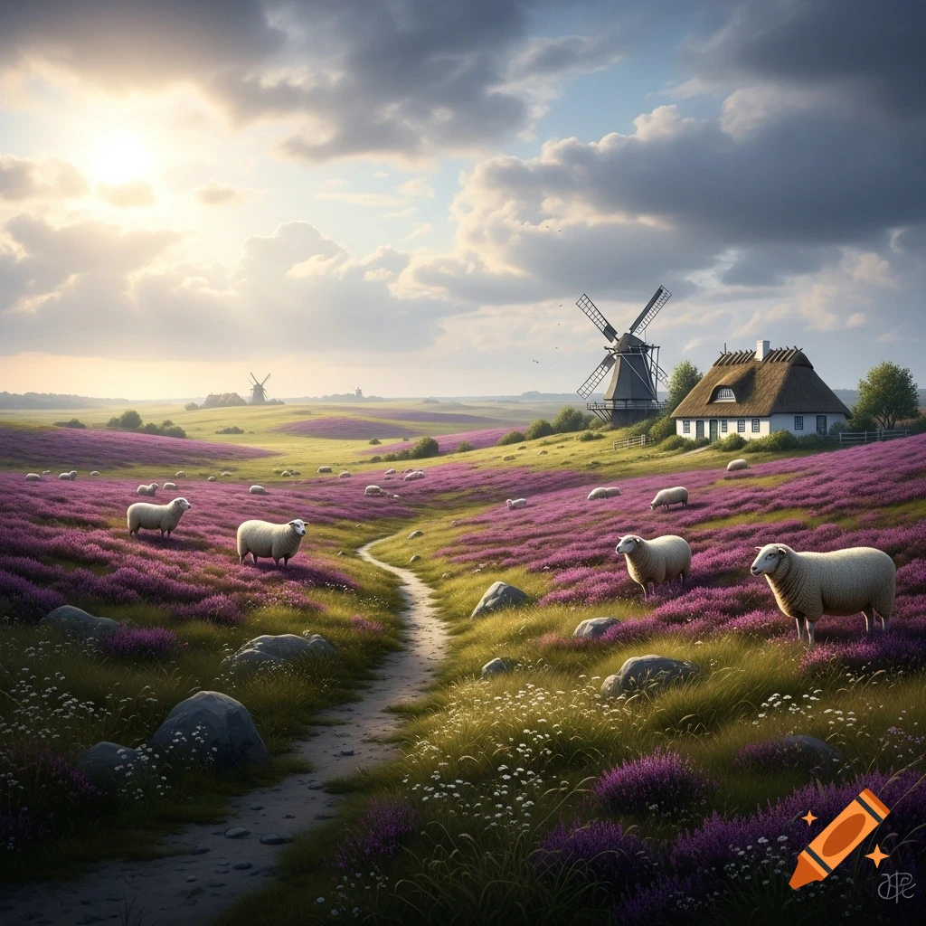 A path winds through rolling purple flower fields with grazing sheep, a windmill, and a thatched cottage under a bright, cloudy sky.